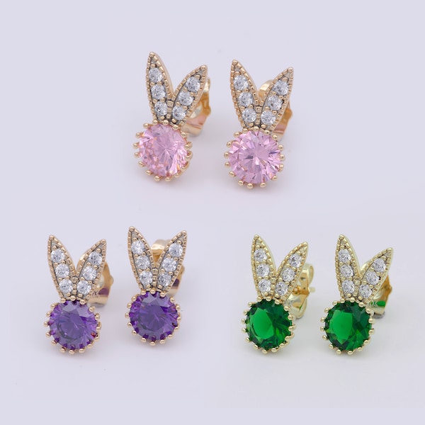 18K Gold Filled Crystal Diamond Dainty Bunny stud Earring, Minimalistic Cubic stud, Rabbit Ear Stud Pink Purple Green Cz Stone