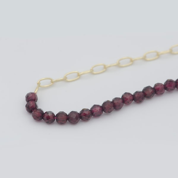 Red Garnet Chain Necklace,Dainty Gemstone Chain Necklace Paper clip Gold Chain Beaded and Chain Necklace Half Garnet Half Chain Necklace