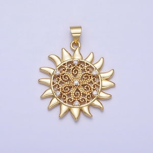 Gold sun flower charm cz filigree floral celestial medallion round pendant | aa157