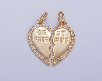 16K Gold Filled Best Friends Two-Piece Heart Charm Broken Heart Micro Pave CZ Pendant Friendship Set | DIY Charm Necklace Bracelet | X-228