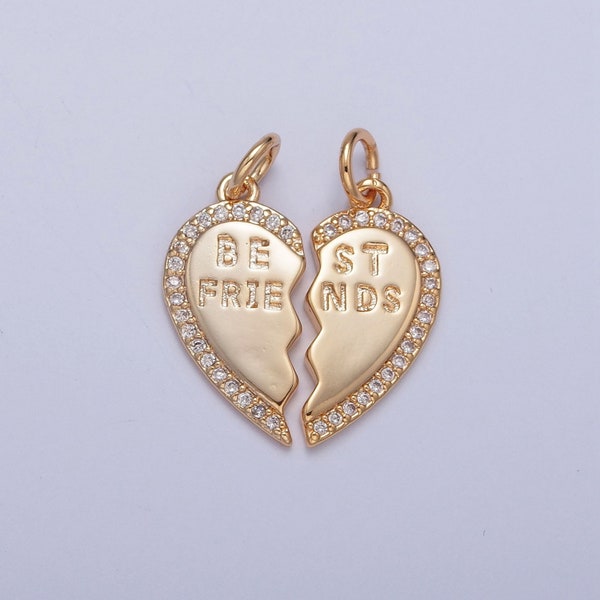 16K Gold Filled Best Friends Two-Piece Heart Charm Broken Heart Micro Pave CZ Pendant Friendship Set | DIY Charm Necklace Bracelet | X-228