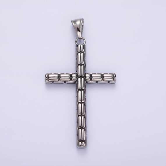 Stainless Steel 64mm Religious Latin Cross Bar Line-Textured Pendant | P741