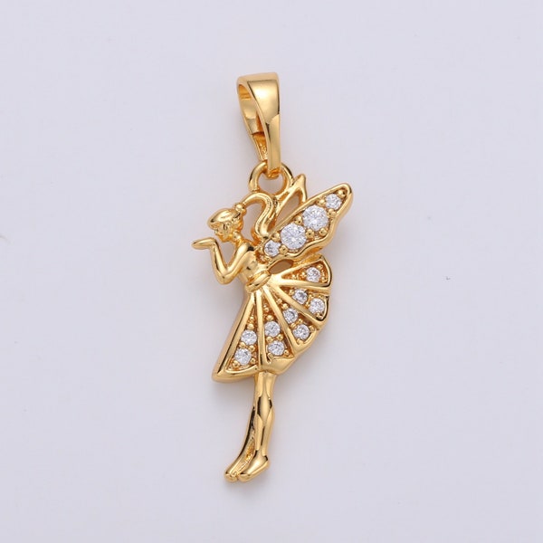 24K Gold  Angel Pendant, Fairy Charm, Micro Pave Cubic Mini Pendant, Dainty beautiful Jewelry Bracelet Earring Necklace, PDGF-1939