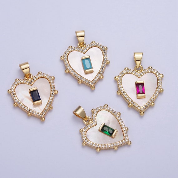 24K Gold Plated Mini Heart W. Colored Baguette CZ Pendant, Love Heart Micro Pave Cubic Zirconia CZ Stone Beaded Edges Charm | X-415~X-418