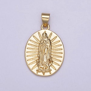 24K Gold Miraculous Lady Guadalupe Praying Charm Pendant, Textured Sunburst Mother Mary Pendant For DIY Jewelry Necklace Making H-517