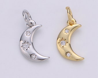 Encanto de luna creciente de oro CZ Micro Pave, colgante de luna creciente, pulsera de luna creciente, encanto de circonio cúbico encanto de media luna de plata, D-132-133
