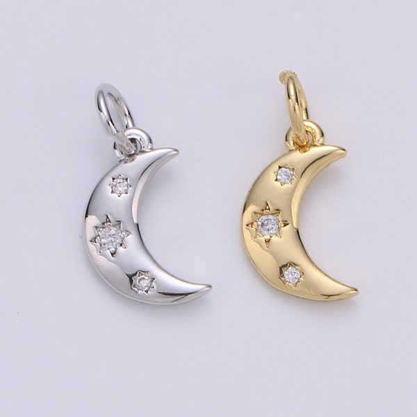 Gold  Crescent Moon Charm CZ Micro Pave, Crescent Moon Pendant, Crescent Moon Bracelet, Cubic Zirconia Charm Silver Crescent Charm,D-132-133