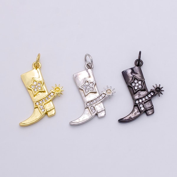24k Gold Filled Micro Paved CZ Star Texas Cowboy Boots Charm in Gold, Silver, Black Cowgirl Ranch Inspired | C-247