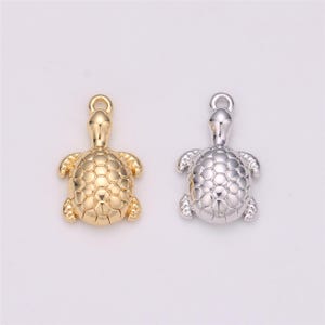May include: Two turtle charms, one gold and one silver, with a detailed shell design. These charms are perfect for adding a touch of whimsy to jewelry or crafts.