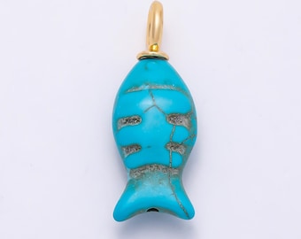 18K Gold Filled 32.5mm Turquoise Fish Gemstone Drop Charm Ocean Inspired Summer Beach Jewelry Gift for Her DIY Custom Necklace| Charms-01347