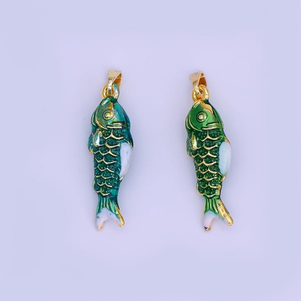 Mini pingente de peixe verde esmaltado com pingente de peixe em ouro 24K, pulseira com pingente de peixe para fazer joias faça você mesmo AH-494