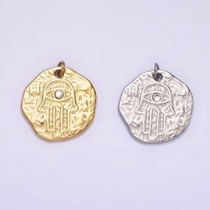 Stainless steel clear cz evil eye hamsa hand dented abstract round charm in gold & silver | p1288