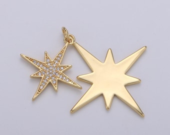 Ciondoli a forma di stella polare in oro 24k da 40 x 35 m, ciondolo a forma di stella in oro, fornitura per la creazione di gioielli minimalisti con micro pavé e ciondolo a doppia stella