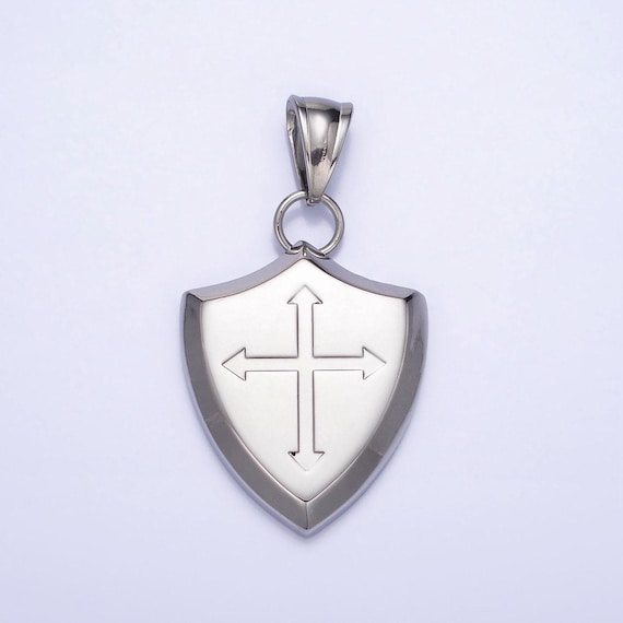 Men Shield Necklace Pendant Mens Cross Stainless Steel Shield of 