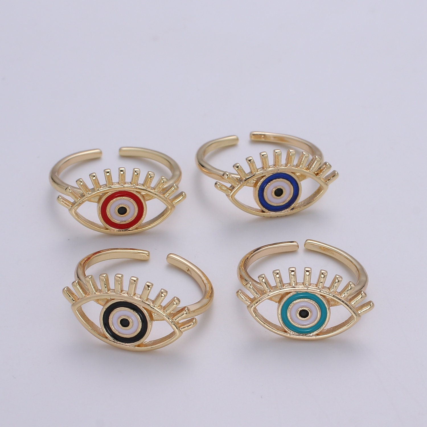 Gold Evil Eye Enamel Ring, Greek Eye Ring,Open Adjustable Stackable Ring, Gift For Women, Black Blue Red Accessory, Large Evil Eye R-351~318
