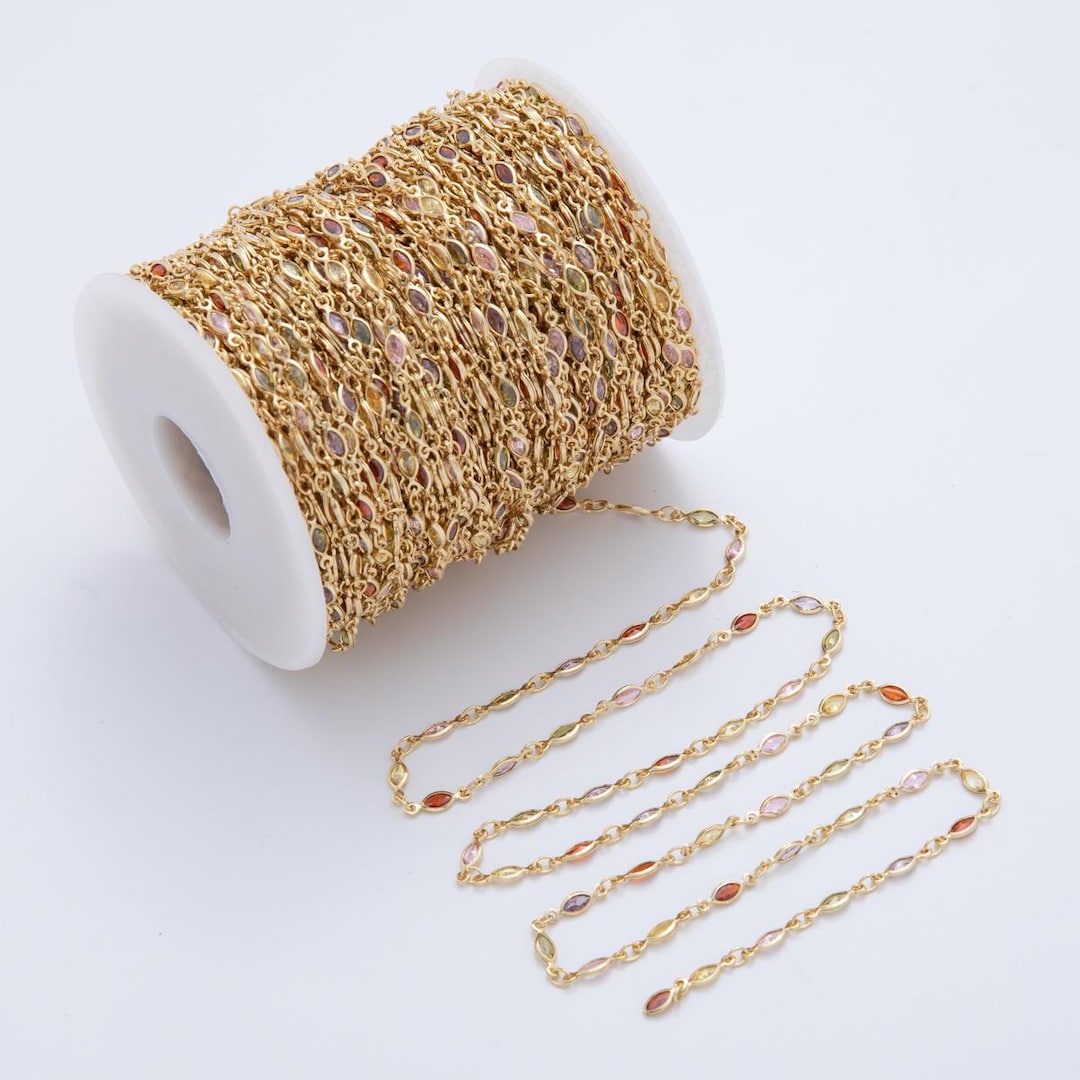 Multi Color Oval Chain, Gold Filled Micro Pave Eye Charm Chain by Yard ...