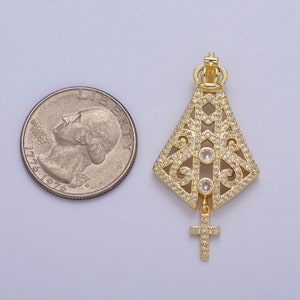 Gold CZ Religious Pope Choir Dress & Crown Pendant, 24K Gold Plated Clear Micro Paved Cz Papal Regalia and Insignia Cross Charm H-659 image 2