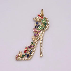Luxury multi color cz high heel pendant shoe necklace, enamel fashionista charm, 24k gold filled high heel pendant silver