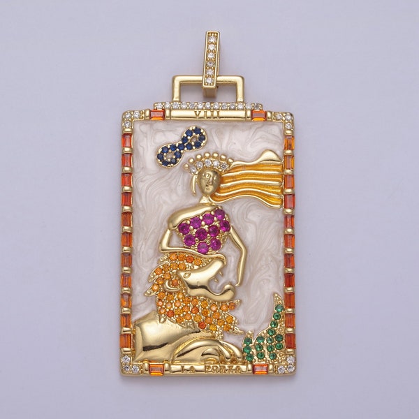 Large Gold Strength Tarot Card Pendant, Colorful CZ Pave | DIY Fashion Jewelry Charm for Necklace Bracelet Earring | N-578