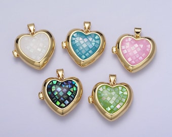 24k gold filled shell love heart locket charm necklace, abalone pink blue white green shell for personalized necklace pendant | h-151