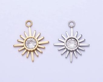 Mini Stainless Steel Sunburst Charm in Gold Silver Sun CZ Circle Pendant for Necklace Earring Lead Nickel Free Tarnish Free P-892