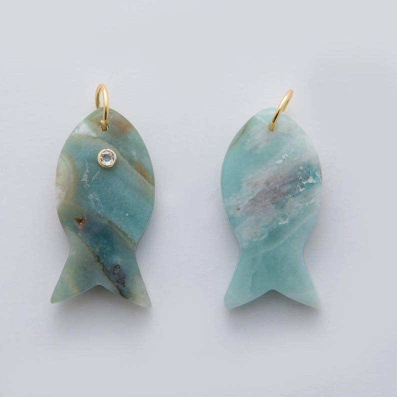 18k Gold Filled 38.8mm Big Gemstone Fish Pendant Natural Stone CZ Charm for Necklace Bracelet Jewelry Making DIY Supply | D265 Amazonite