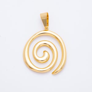 May include: A gold-colored pendant with a spiral design. The pendant has a smooth, polished finish and a loop at the top for a chain. The spiral shape is a prominent feature, creating a visually appealing and elegant accessory.