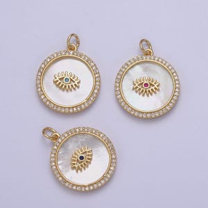 14k gold filled medallion charm mother of pearl, micro pave evil eye pendant for minimalist jewelry
