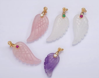 Handmade Carved Natural Pink Rose Quartz / Amethyst / Quartz Angel Wing Pendant Charm for Necklace Bracelet Component AG297