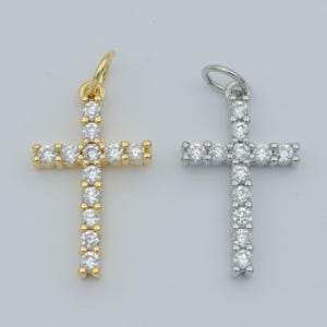 Dainty cross charm pendant 14k gold filled cz micro pave small silver cross charm religious jewelry making necklace cubic zirconia 24x11.5mm