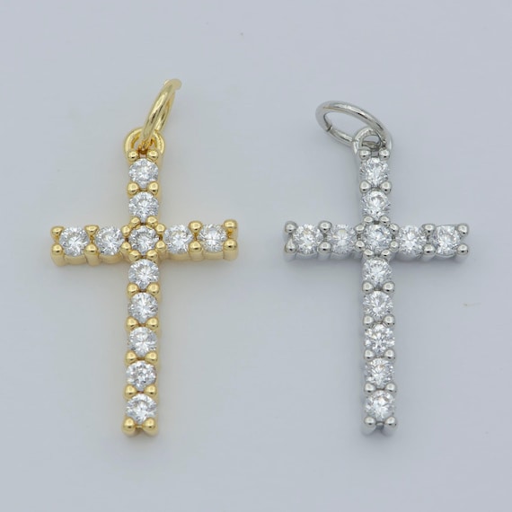 Dainty cross charm pendant 14k gold filled cz micro pave small silver cross charm religious jewelry making necklace cubic zirconia 24x11.5mm