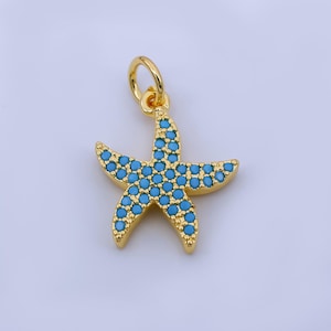 Dainty Teal Star Fish Charms 24K Gold Filled CZ Starfish Pendant Sea Life Beach Charm Bracelet Necklace for DIY Jewelry Making Supply AJ-492