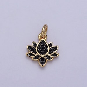 Dainty 14k gold filled lotus flower charm with black micro pave cubic zirconia for bracelet necklace earring supplies  c886