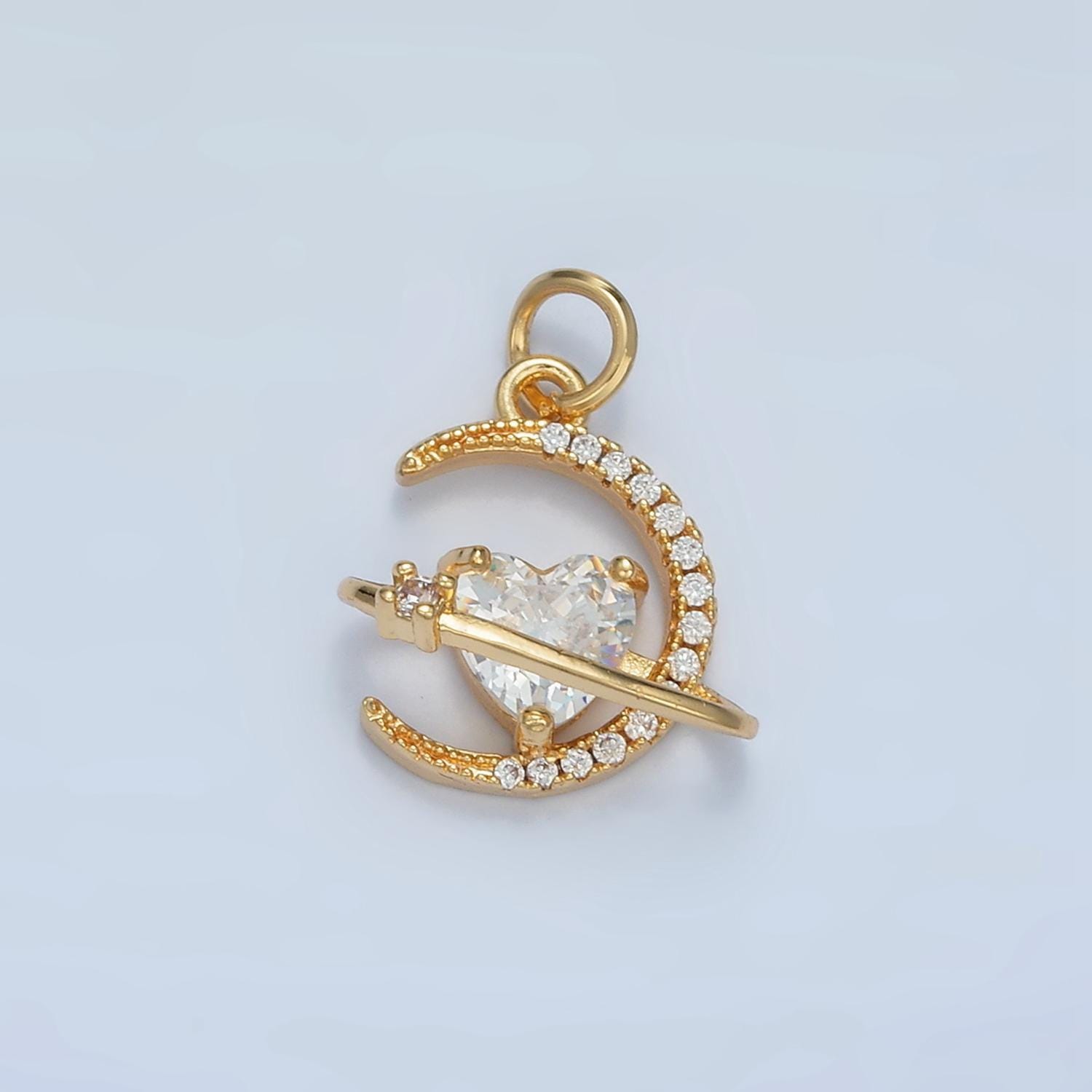 Micro paved cz crescent moon with heart gold filled celestial charm | e-741