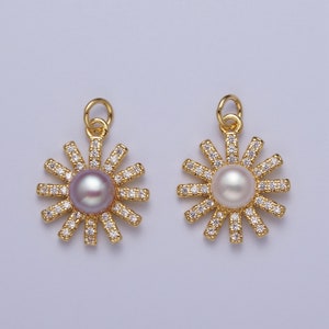 Gold CZ Pearl Flower Pendant, 24K Gold Plated Purple/White Mother of Pearl Micro Paved Clear CZ Sun Summer Spring Flower Charm | N-645