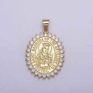 Oval gold saint barbara, patron of military, artillery, firefighters, sailors, religious pendant necklace, st barbara medal necklace h-899