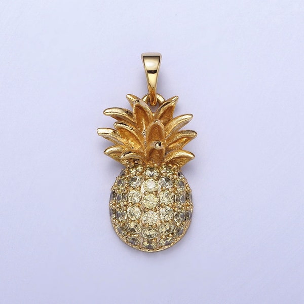 Dainty Gold CZ Pineapple Pendant, 24k Gold Filled Summer Fruit Pineapple Clear Micro Paved CZ Charm | H-391