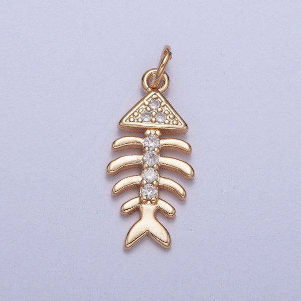 16K Gold Plated Fish Bone Micro Pave Cubic CZ Crystals Pendant, 16K Gold FIsh Cubic Charm, Dainty Bone Pendant for DIY supply | X-250