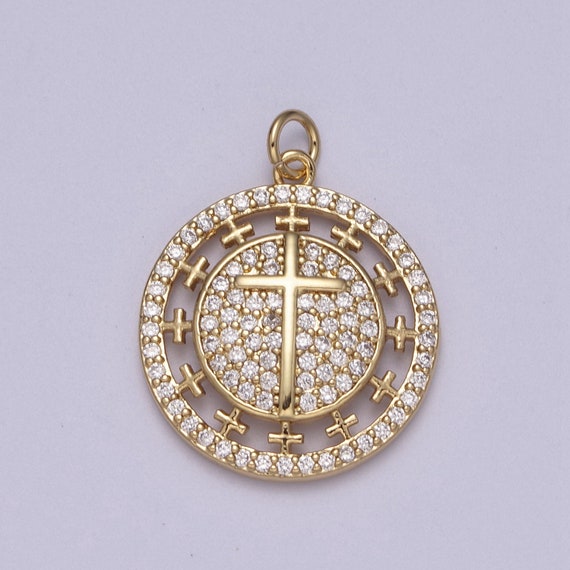 Dainty Cubic Cross Round Coin Medallion Pendant in Gold Catholic