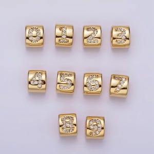 Contas espaçadoras deslizantes cz transparentes com número 0-9 preenchidas com ouro 14k | b-807~b-811