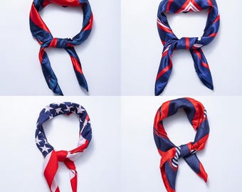 Patriotic Satin Scarf American Flag Bandana 4th of July Neckwear Red White Blue Headscarf Striped Silk Feel Neckerchief Ribbon | WA-4626