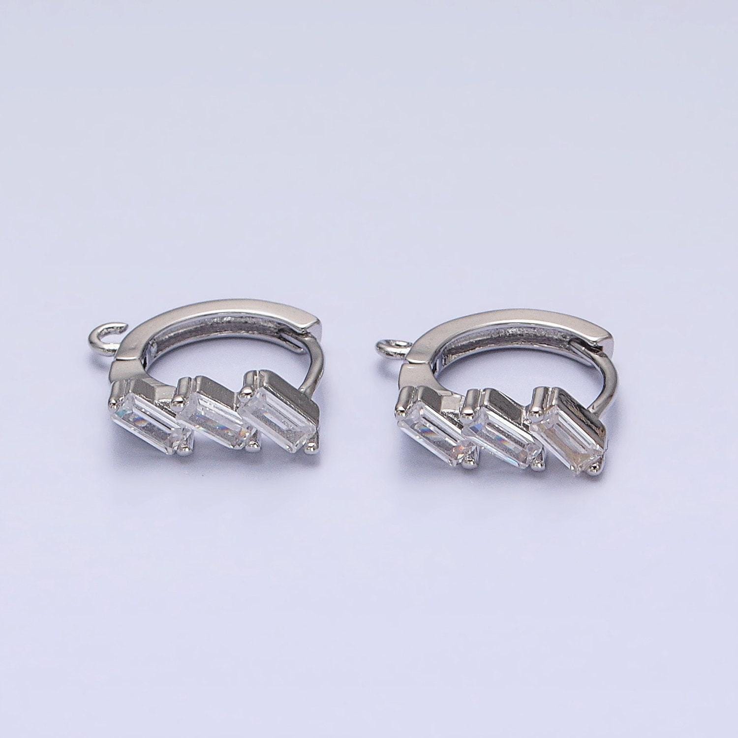 Mini Silver, Gold Triple Clear Baguette Cz 12mm Huggie Open