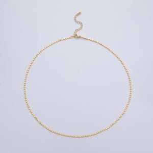 May include: A delicate gold-colored necklace with a series of small, evenly spaced circular beads. The necklace has an adjustable chain and clasp. The jewelry is displayed on a light gray background.