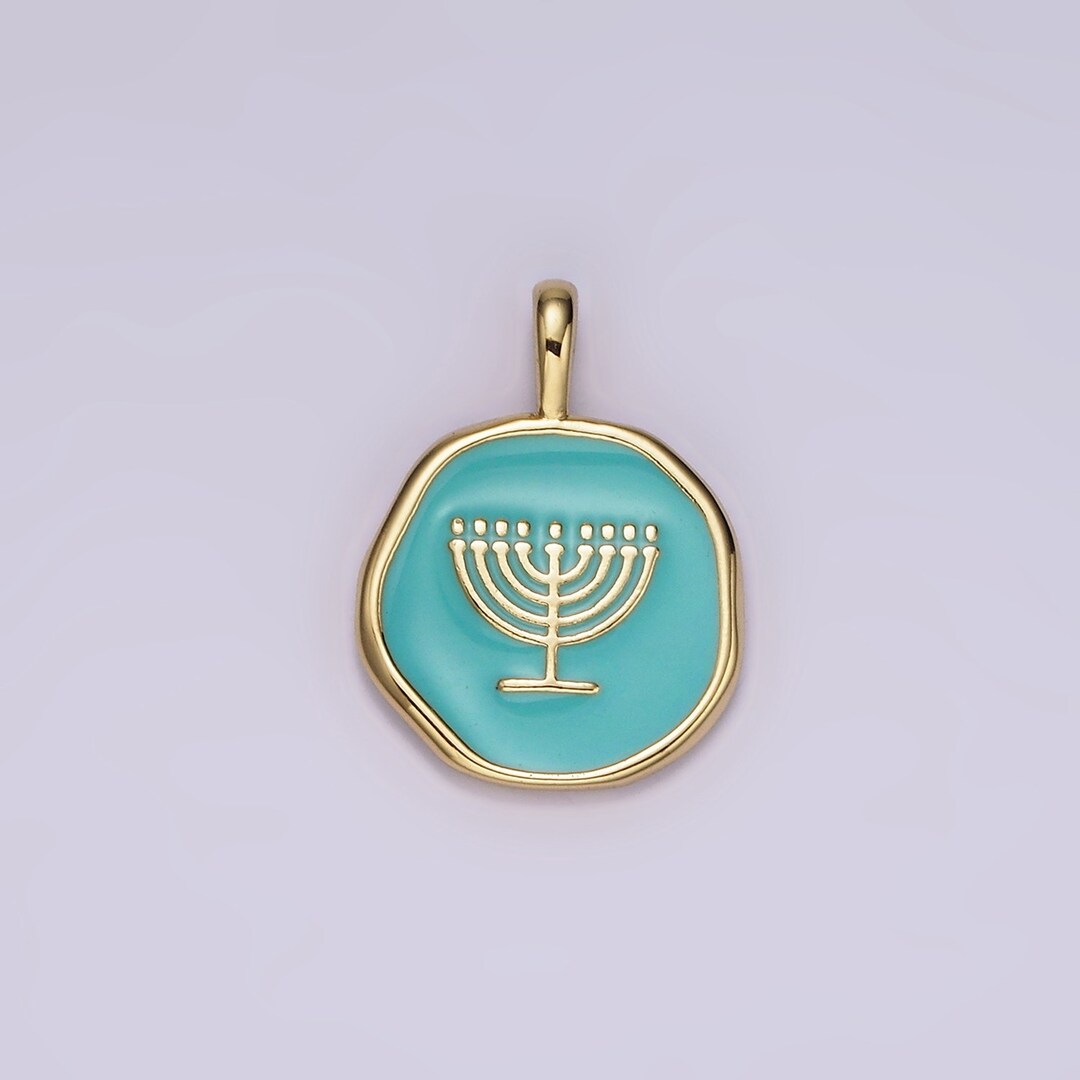 14k Gold Filled Menorah Charm Jerusalem Pendant Blue Teal Enamel Jewish