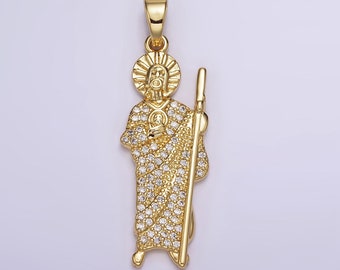 14K Gold Filled 43mm Saint Jude Religious Figure Clear Micro Paved CZ Pendant | N1780