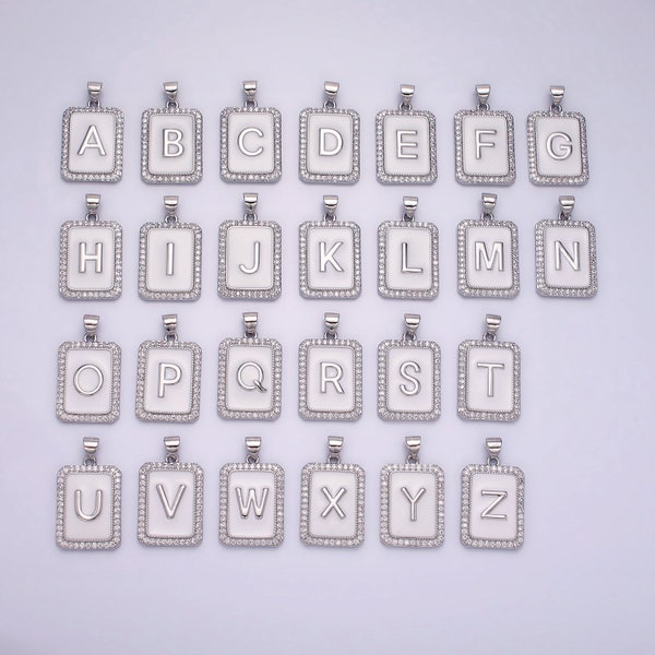 Silver Initial Letter Necklace Micro Pave White Enamel Letter Pendant Necklace Cubic Alphabet Rectangle Medallion Pendant, Personalized Gift