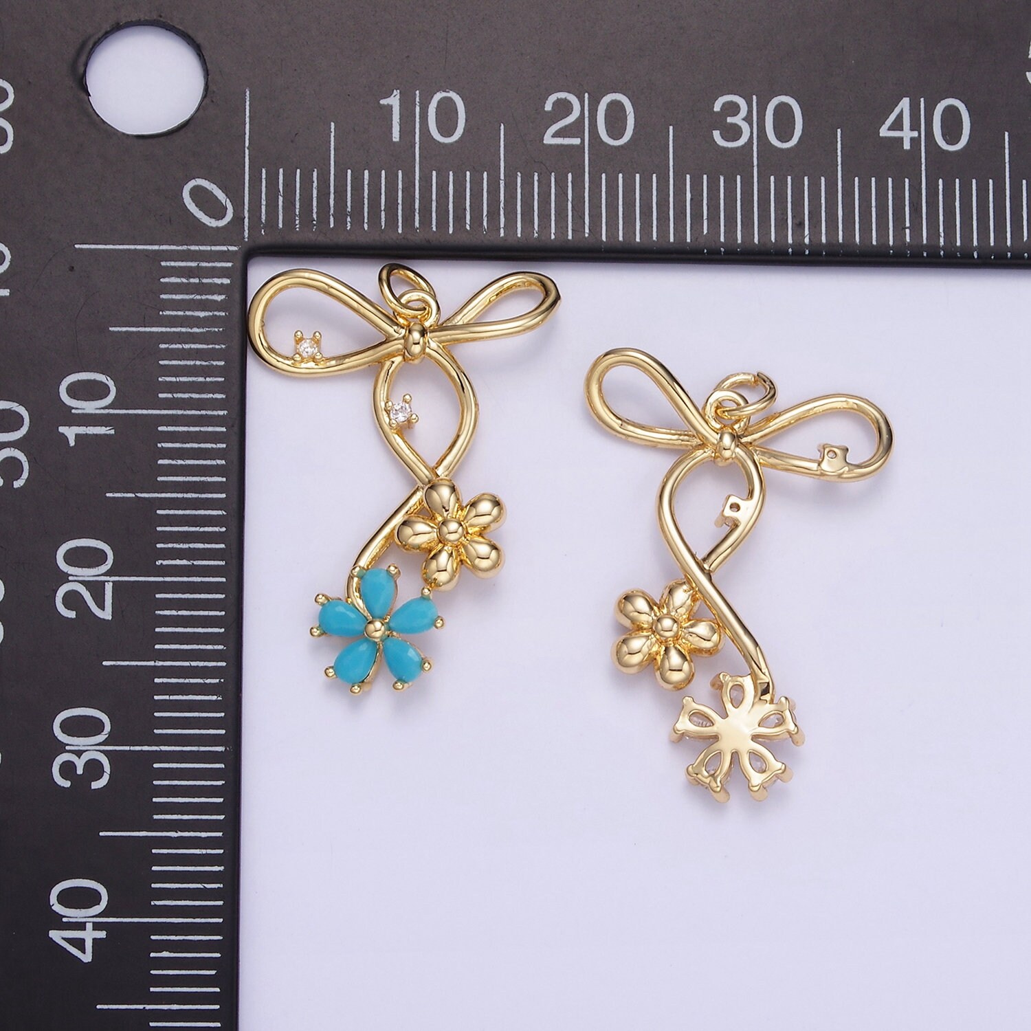Gold Bow Charm Mini Flower CZ Cluster Charm Cubic Zirconina