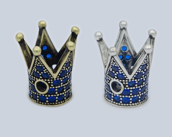 Dainty Blue Crown Beads Spacer Antique Gold, Silver Micro Pave Royal King Crown Beads, Cubic Zirconia Spacer Bracelet Component