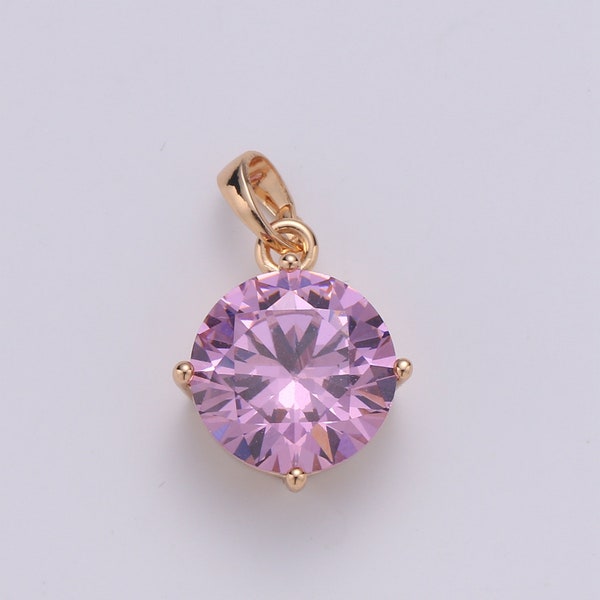 Amethyst Zirconia 18K Gold  Pendant, Solitaire Pink Cubic Charm for Easy Self-Making Jewelry, Sophisticate Pendant, PDGF-1984