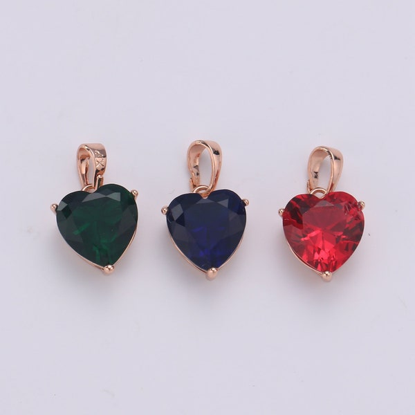 18k Gold Fill Charm Green & Blue Color Heart CZ Charm w/ Colored CZ Crystal Gem Stone Gemstone Pendant Valentine Jewelry Supply J-202/J-201